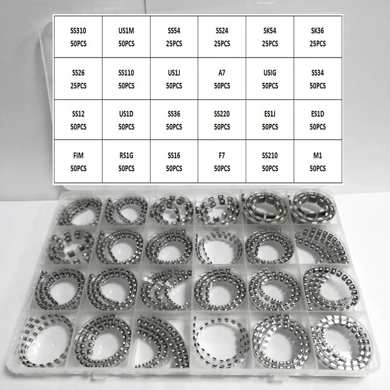 Rectifier Diode Sample Book 24 Values SMD M1 M4 M7 SS12 SS14 SS16 SS24 SS34 SS36 SS110 SS210 Schottky Barrier Diode KIT