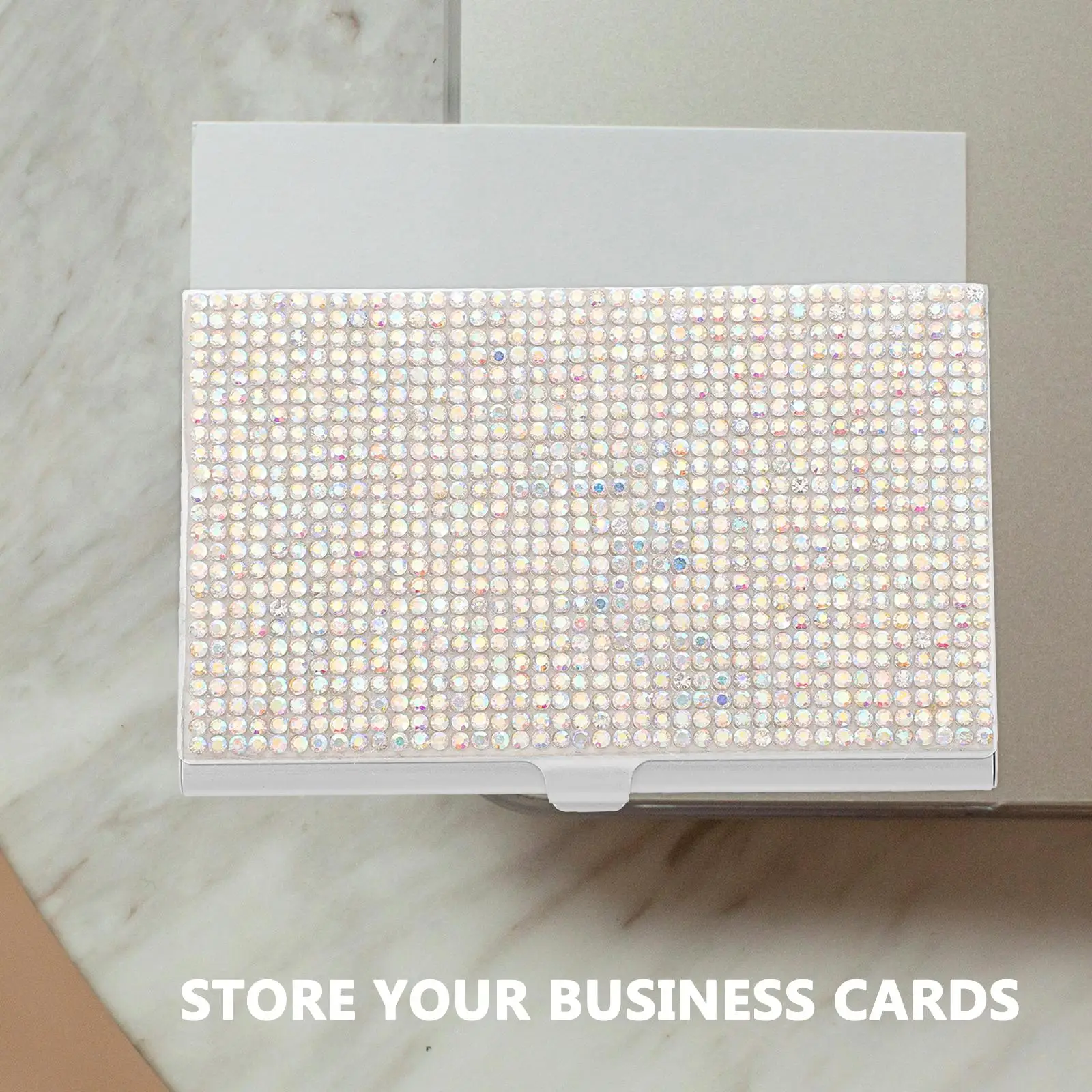 Rhinestone Metal Business Card Holder Silver Compact Cards Container Portable Water Clean Storage Box Desk
