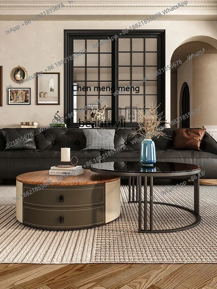X C غرفة المعيشة الفرنسية المنزل الزجاج السرج الجلود حجم طاولة القهوة المستديرة مزيج #2
