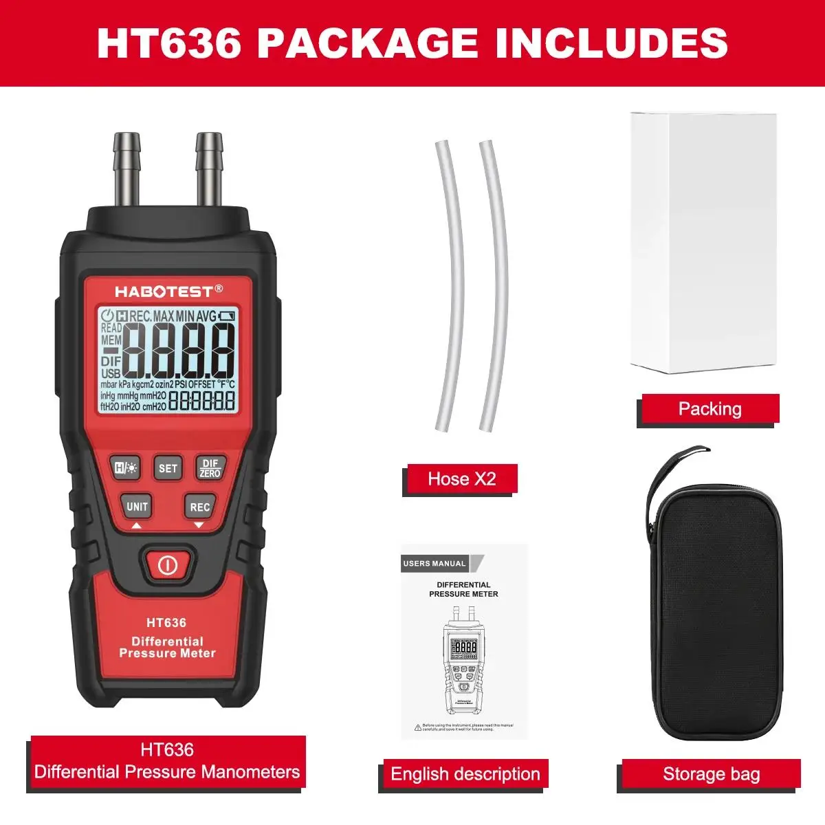 HABOTEST HT636 Digitale manometer Manometer Luchtdrukmeter Differentiële manometer Luchtprecisiekit Detectormeter