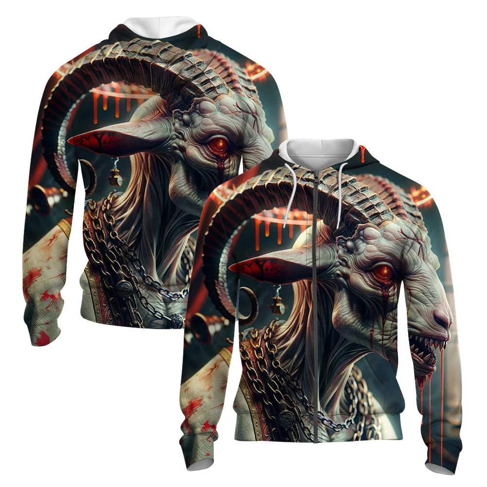 

Spring/fall New Halloween Top For Men Cool Goat Print Cardigan For Men Plus Size Pocket Hooded Zipper Drawstring Hoodie