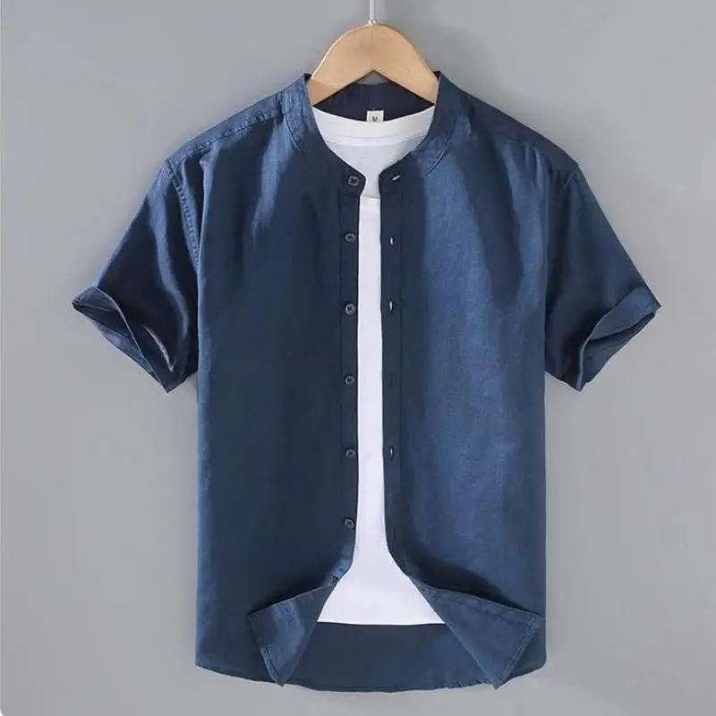 Cotton Linen Hot Sale Men\'s Short-Sleeved Shirts Summer Streetwear Plain Color Stand Collar Casual Beach Style Plus Size M-3XL