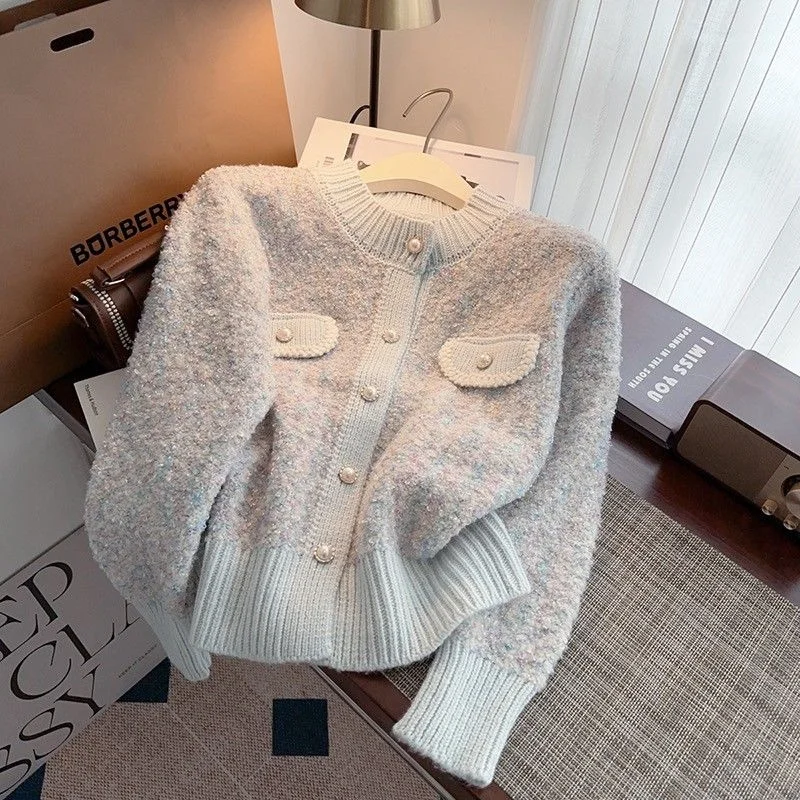 Xiaoxiangfeng Sweater Jacket Women's Autumn And Winter Knitted Cardigan 13 line Thick and Warm Light Colored Dot Base Top