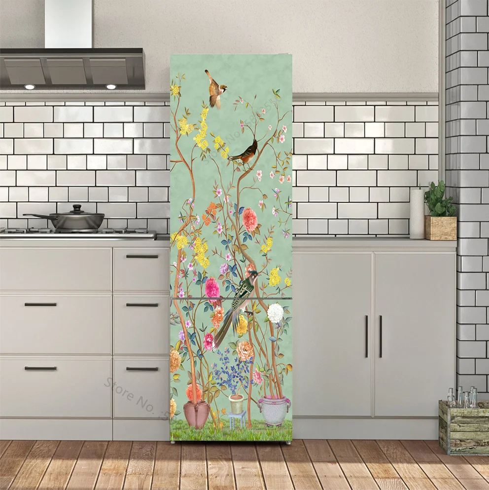 Hand Drawn Bird Flowers Refrigerator Wrap Decal Art Self Stick Vinyl Black Broken Text Mural Sticker Peel and Stick Removable