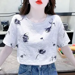 Texture Design New 2024 Summer Women's Loose Short Sleeve T-Shirt Fashionable Print Casual Aesthetic Clothes Urbane White Top