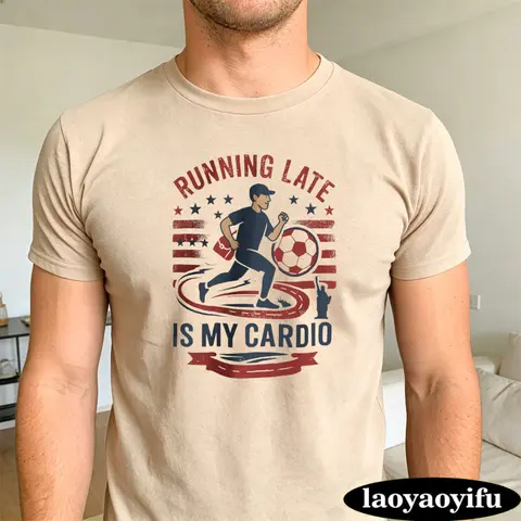 Running Late Is My Cardio Men T-Shirt US Flag Soccer Player Design Cotton Casual Summer Everyday Wear Gift Idea for Sports Fans