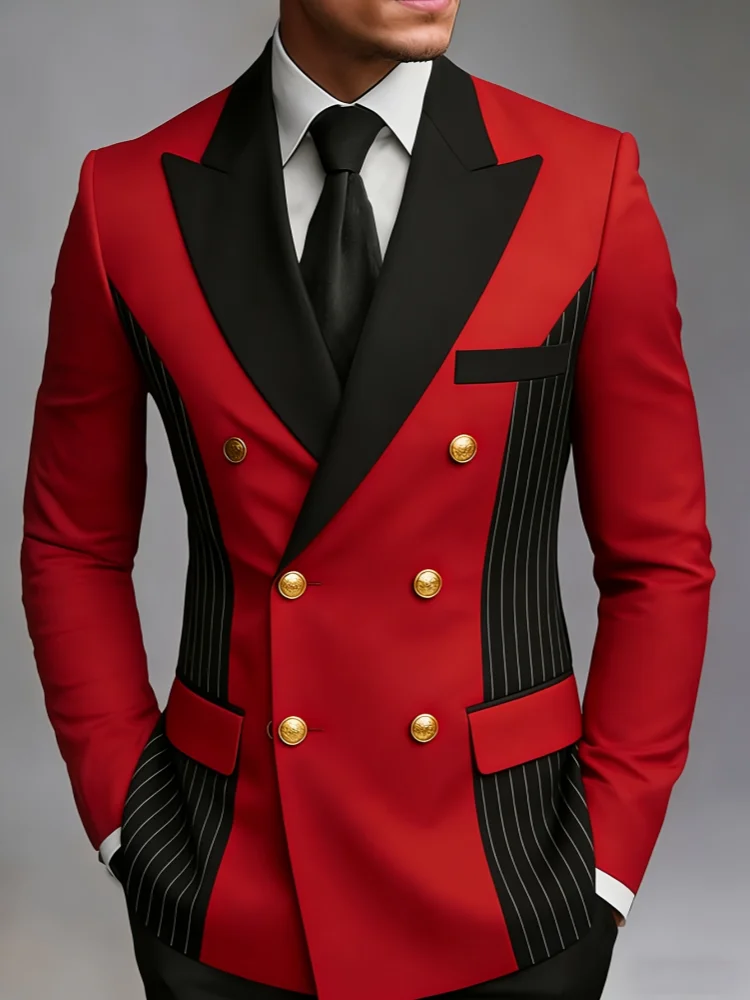 Men Slim Fit Red Double Breasted Blazer Contrast Peak Lapel Vertical Striped Casual Business Suit Jacket for Wedding Stage Party