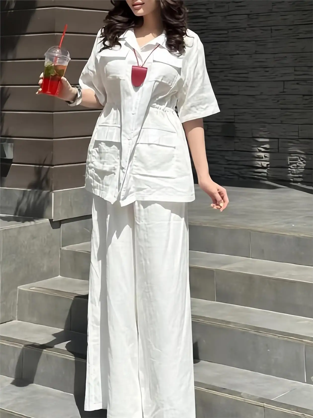 

Short Sleeve Workwear Set Waist Cinched Wide Leg Pants Fashionable Cotton Blend Suit for Women Autumn 2025 Collection
