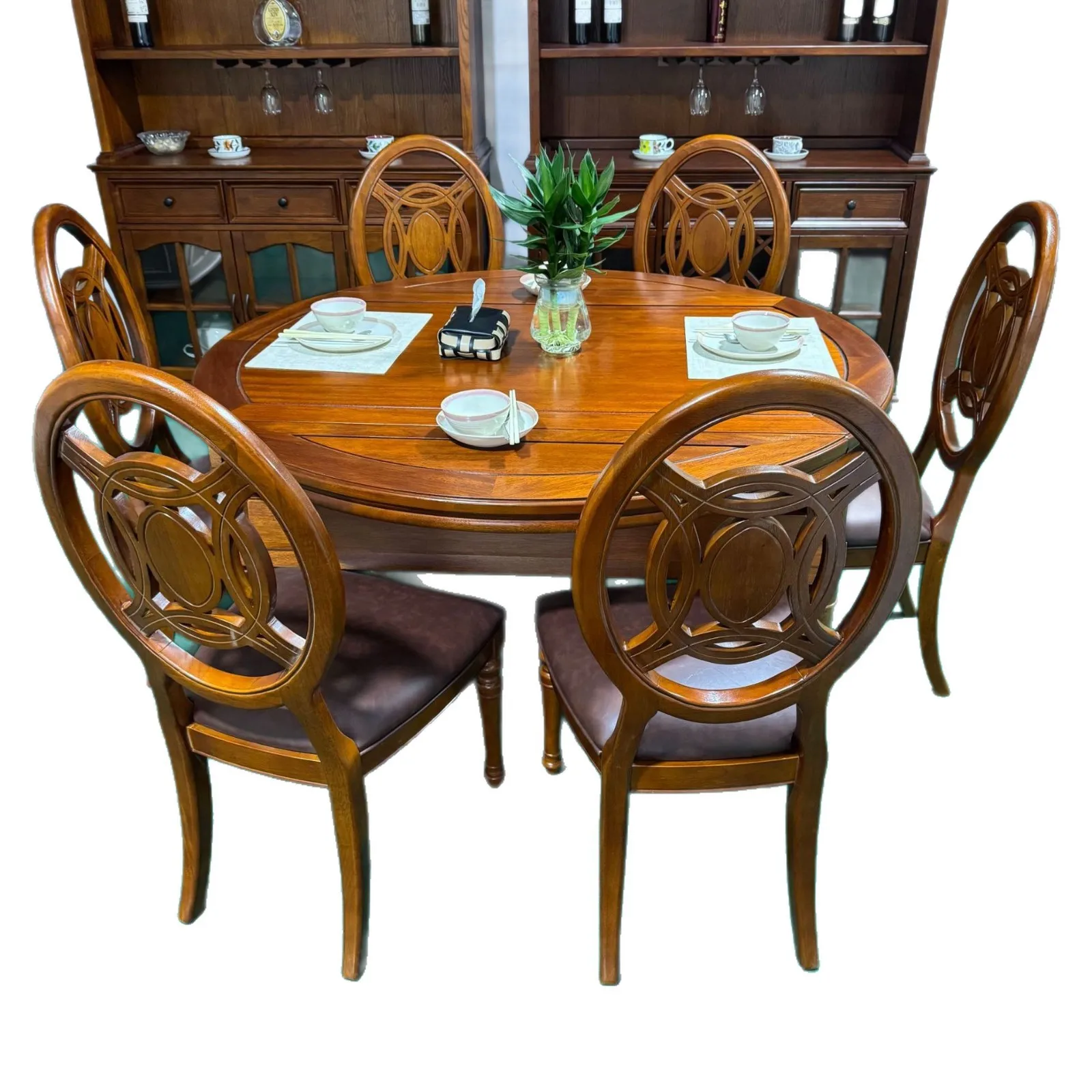

American style, all solid wood, round meal, table and chair, combination, dining room, multi-function, retractable