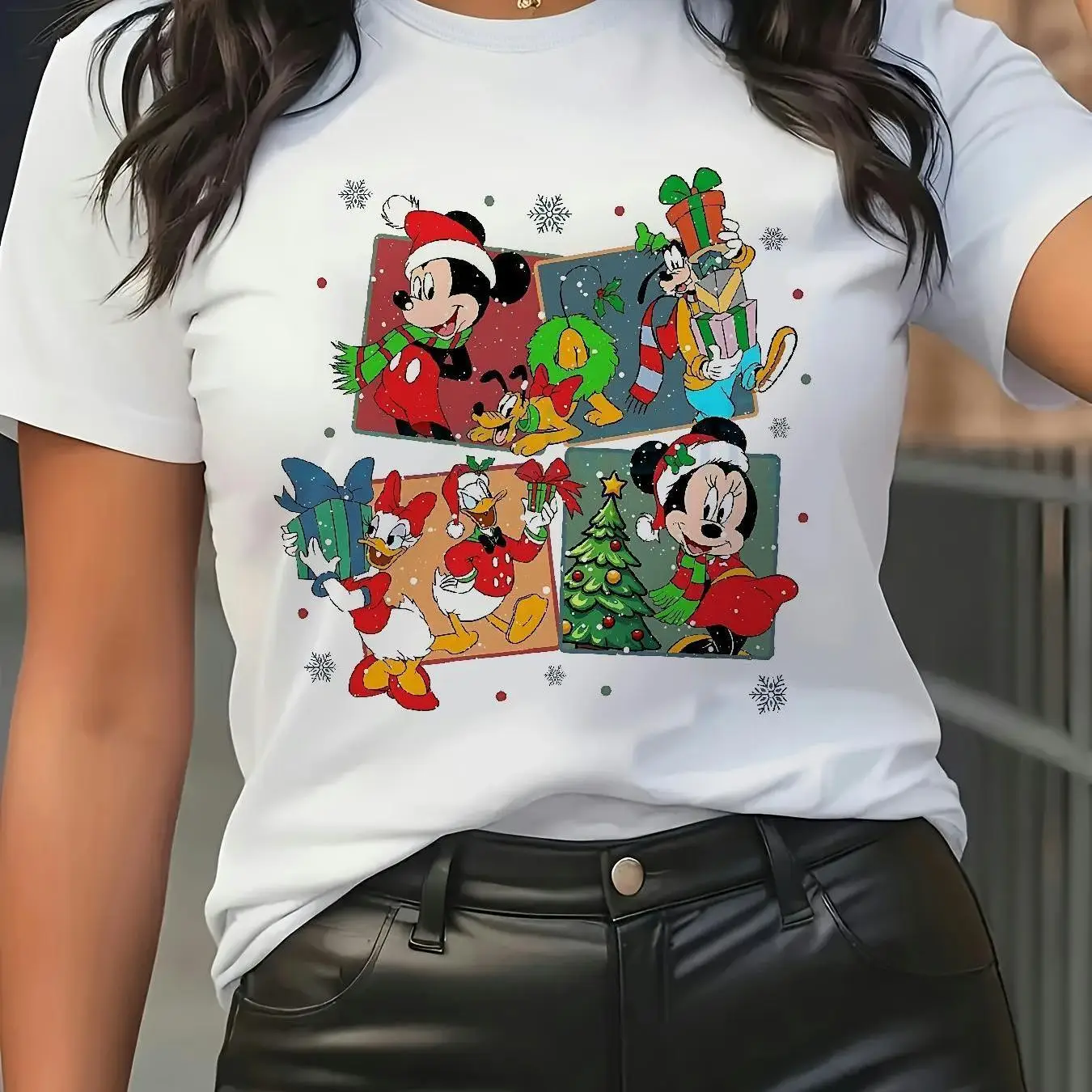 

Рождественская футболка с Микки Маусом Диснея, хлопковая мужская и женская повседневная модная свободная футболка большого размера с короткими рукавами, унисекс, наряд для мероприятий