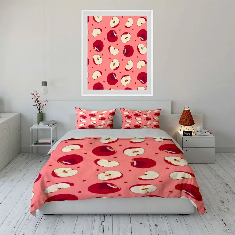 Apple Pattern Decorative Set Bedding Set with 1 Duvet Cover 2 Pillowcases Single Double King Queen, Gift