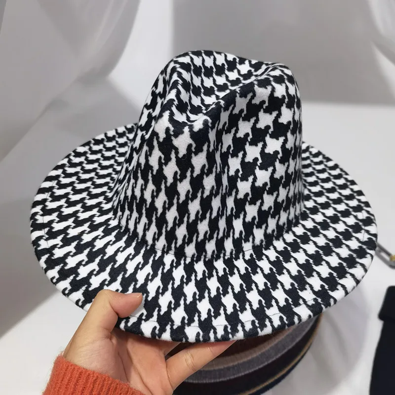 Fedoras zimowe damskie czapki Houndstooth Plaid Patchwork czapki dla kobiet moda czapki dla mężczyzn filcowany kapelusz Fedora nowy Chapeau Femme — zdjęcie 7