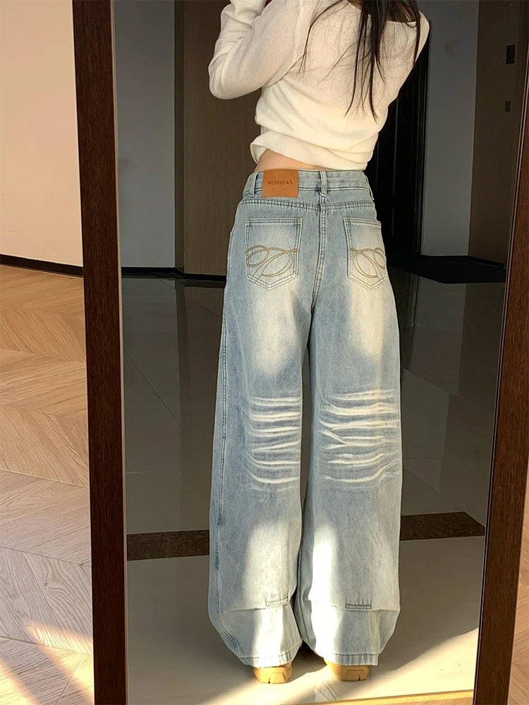 

Светлые широкие джинсы с талией в стиле ретро, женские зимние новые свободные утягивающие джинсовые брюки с высокой талией, удобные повседневные брюки