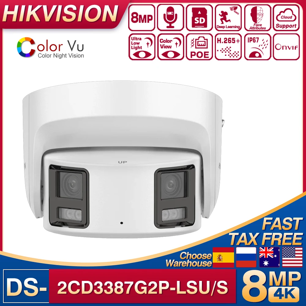 Hikvision 4K 8MP POE ColorVu AcuSense Panoramic IP Camera DS-2CD3387G2P-LSU/SL Turret Strobe Light Audio Alarm Network Camera