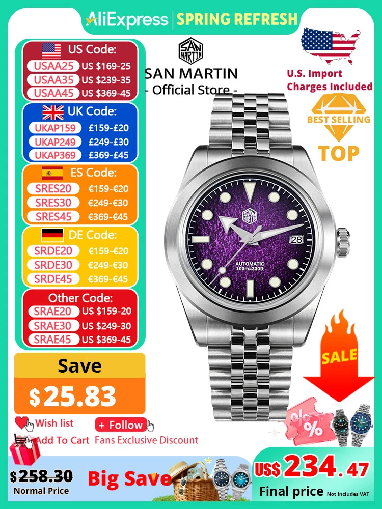 

San Martin новые спортивные часы 39 мм с эмалевым циферблатом NH35 автоматические механические мужские деловые часы с сапфировым стеклом водонепроницаемые 100 м светящиеся SN0053