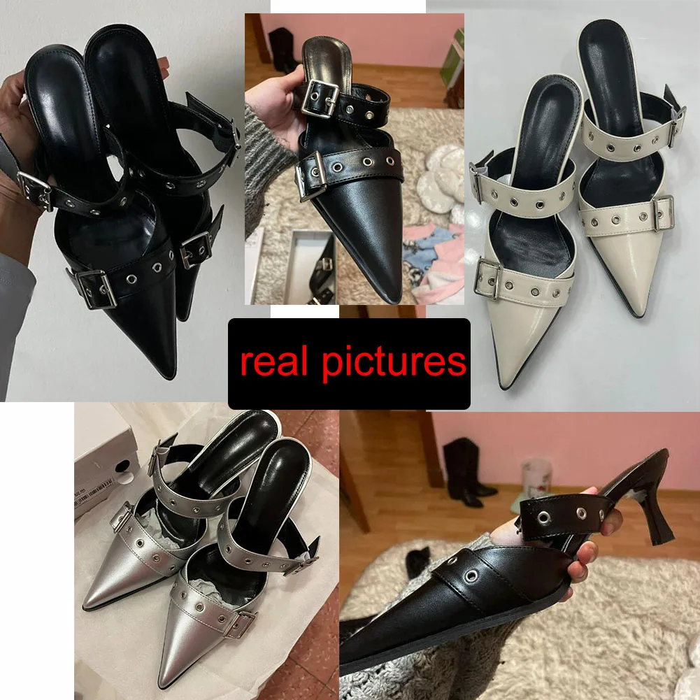 Women's Pumps Belt Buckle Pointed Toe Black High Heel Mule Fashion Summer Slides Half Slipper Casual Shoes For Women Big Size 43 images - 6