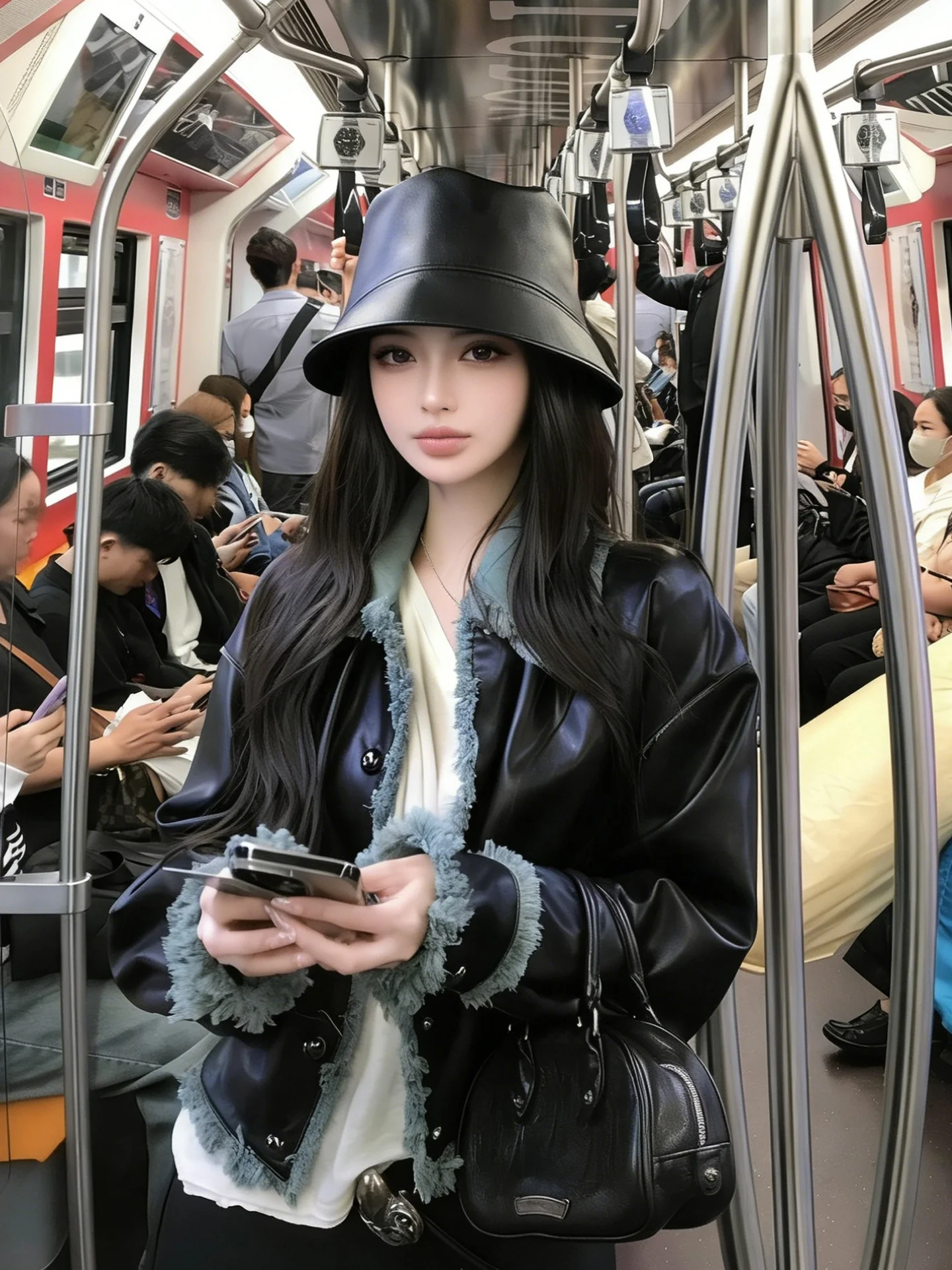 

Kangaroo Cowhide Leather Jaet Women's Miu Sle Ele Versatile Turn-down Collar Fringed Jeans Collar Outerwear