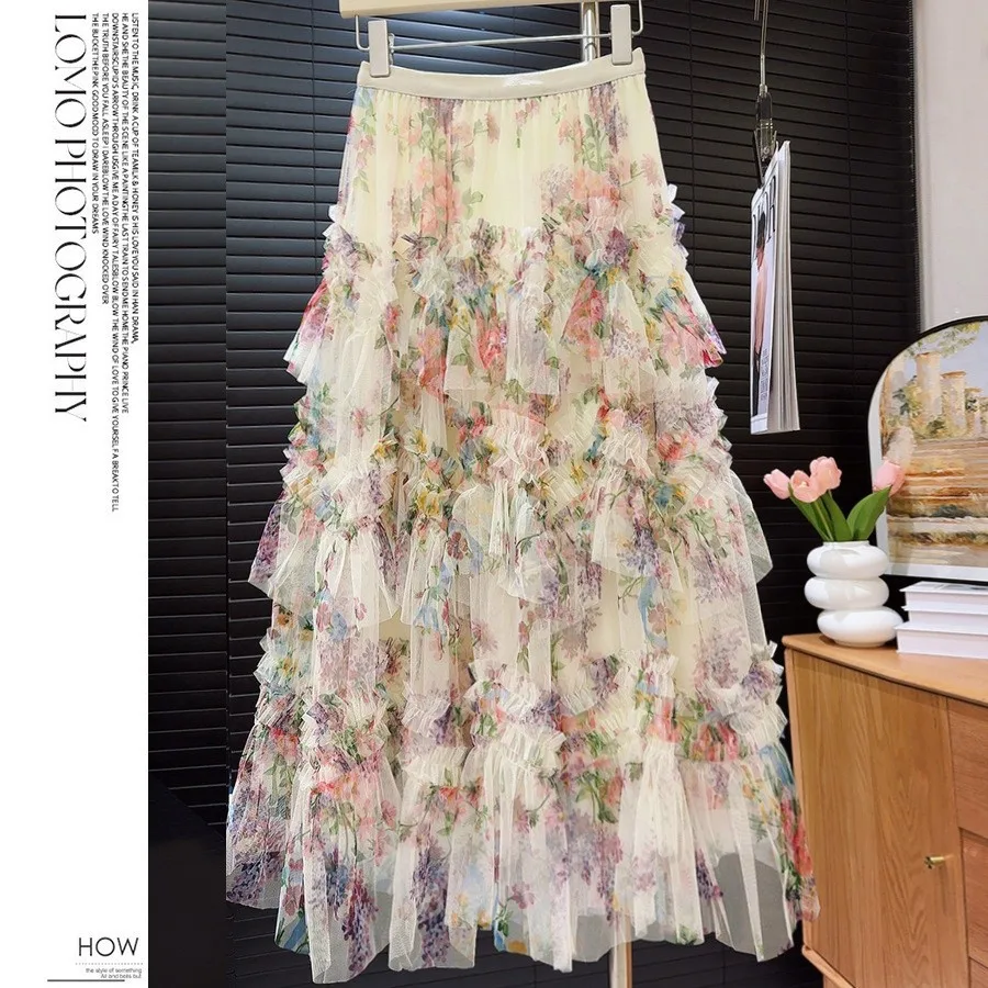 Heavy Work Mesh Print Skirt Women's New Style Floral Puffy Long Skirt Cake Skirt Polyester Fabric Elegant Ladylike Design
