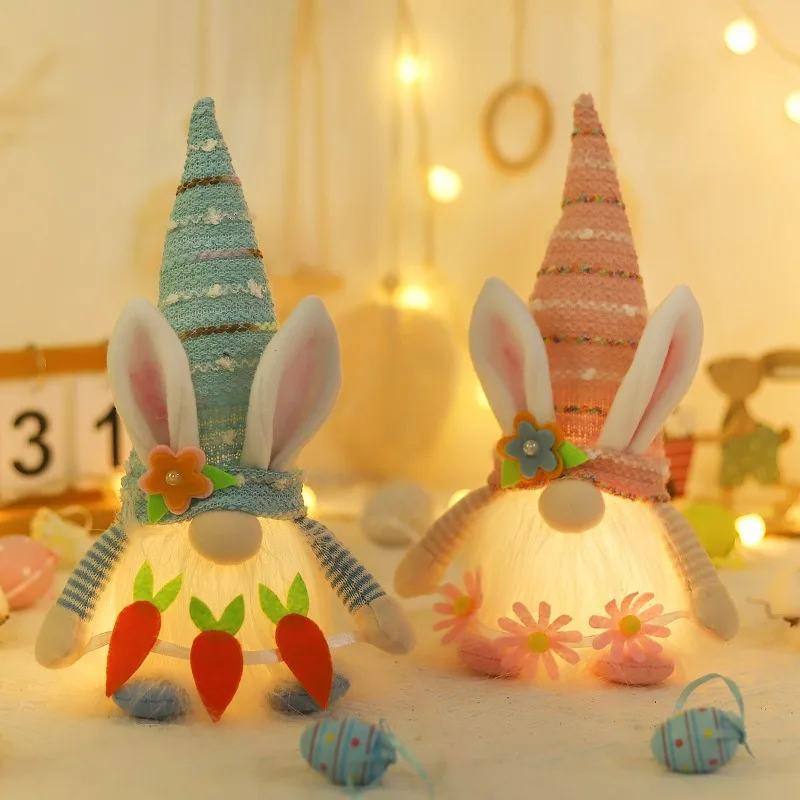 Easter Decorations Cartoon Couple Figurines Creative LED Carrot Bunny Plush Dolls for Home Table Decor Gift for Kids Adults