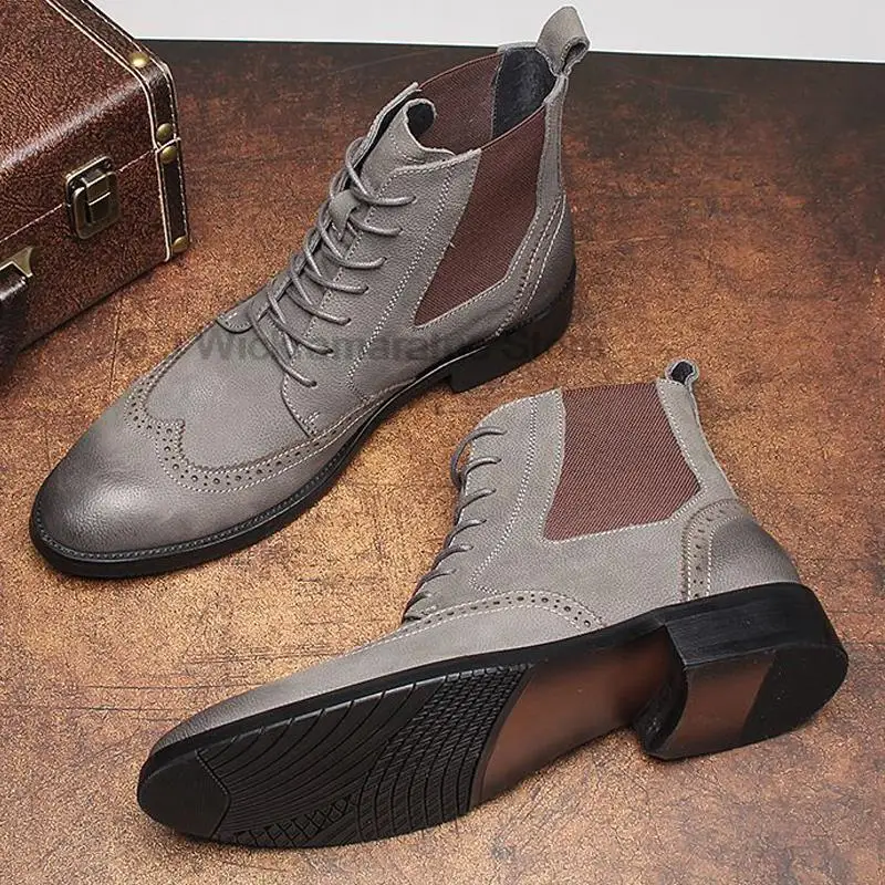 Fashion Men\'s Boots Genuine Leather Black Gray Lace Up Pointed Toe Wingtip Brogue Male Dress Shoes Wedding Office Boots For Men