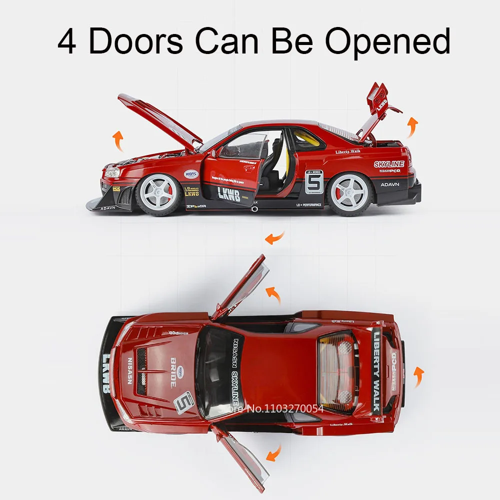 كبير 1:18 GTR SKYLINE سبيكة سيارة دييكاست لعبة مجسمة الأبواب فتح ضوء الصوت التراجع مصغرة Vehcie الكبار الصبي هدايا عيد الميلاد