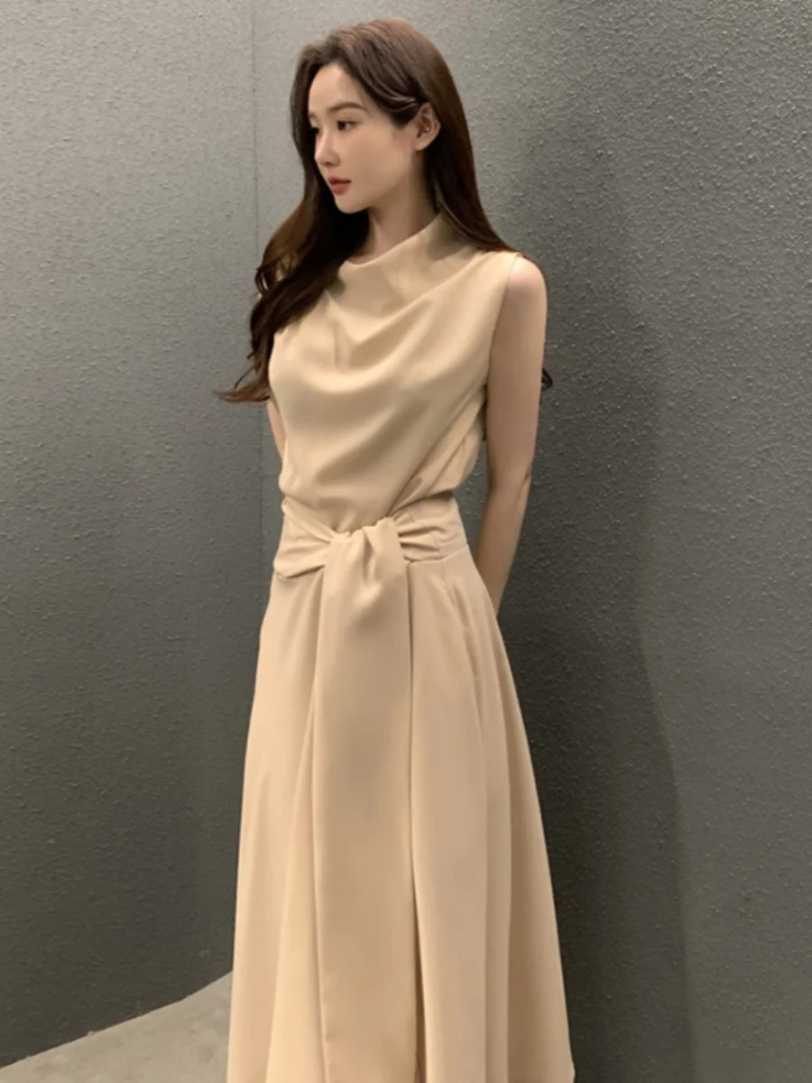 

French Elegant Pile Collar Lace-up Sleeveless Vest Dresses For Women Summer High-waist Slim-fit Versatile Workwear Dress Korean