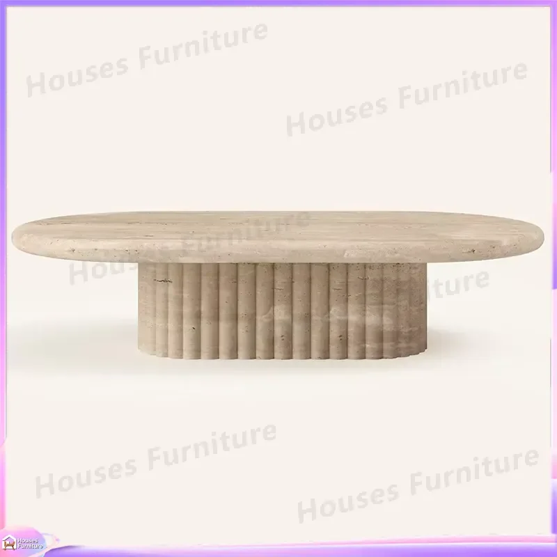 270 Custom Modern Minimalist Beige Travertine Marble Oval Coffee Table Roman Legs Living Room Furniture Home Decor Stone