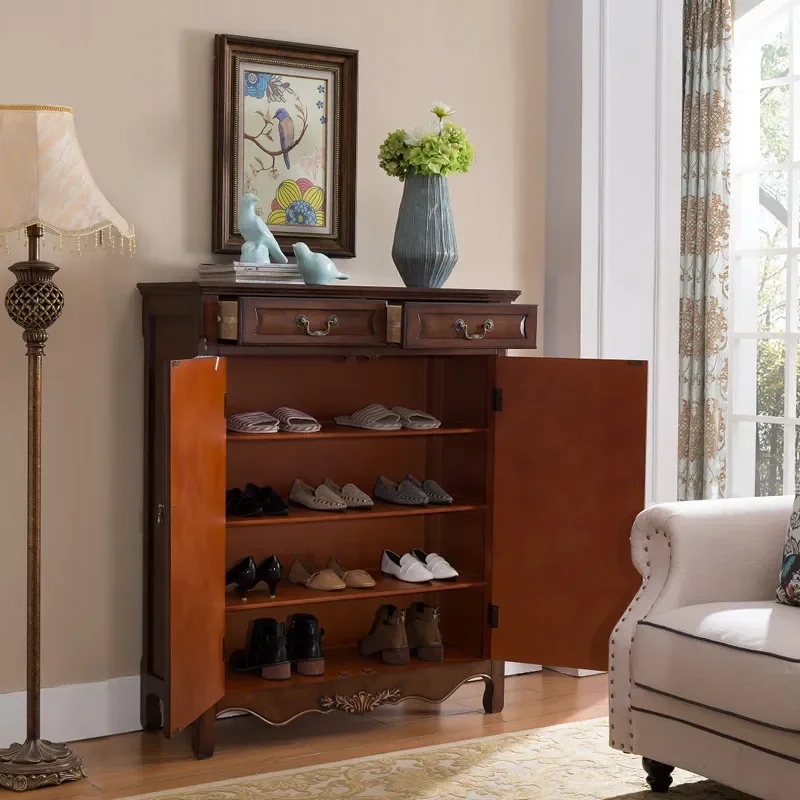 American Solid Wood Shoe Cabinet Large Capacity Multifunctional Storage Retro Carved Painted Foyer Entrance Locker