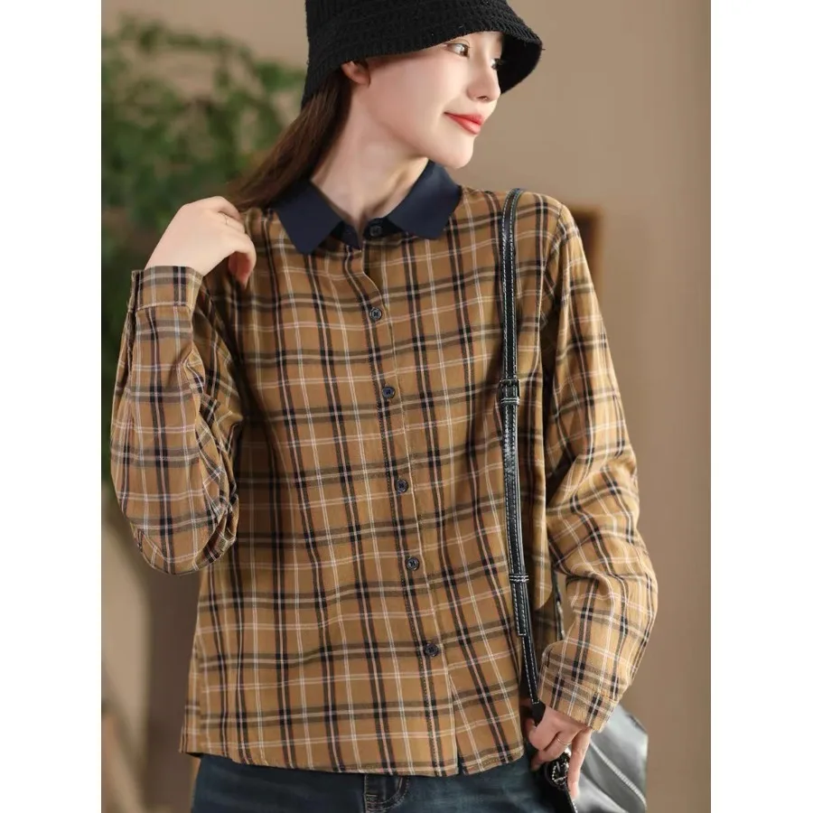 

Women's Early Spring Cotton Shirt Casual Loose Plaid Top Commute Vintage Open Cardigan Breathable Comfortable Long Sleeve Pol...
