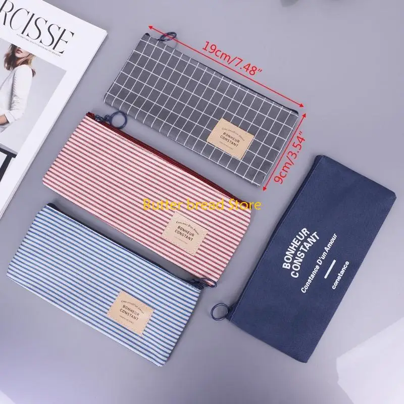 W89C Brief Stripes Canvas Pencil Bag Stationery Storage Pencil for Case