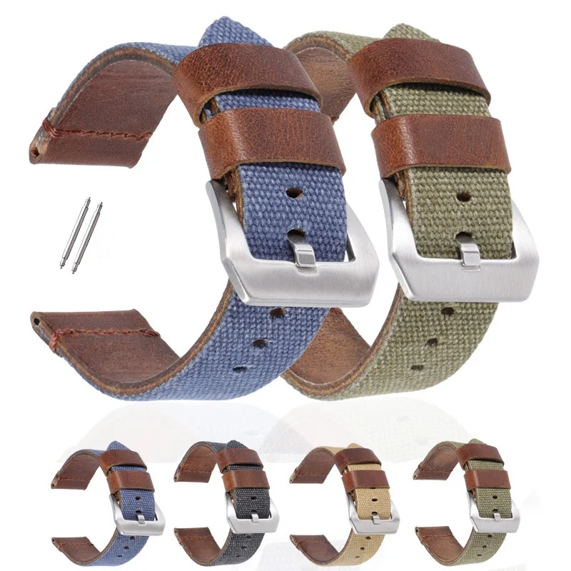 

20mm 22mm 24mm High Quality Nylon+Leather Sport Watch Strap for Soft Canvas Universal Watch Bracelet Accessories with Tool