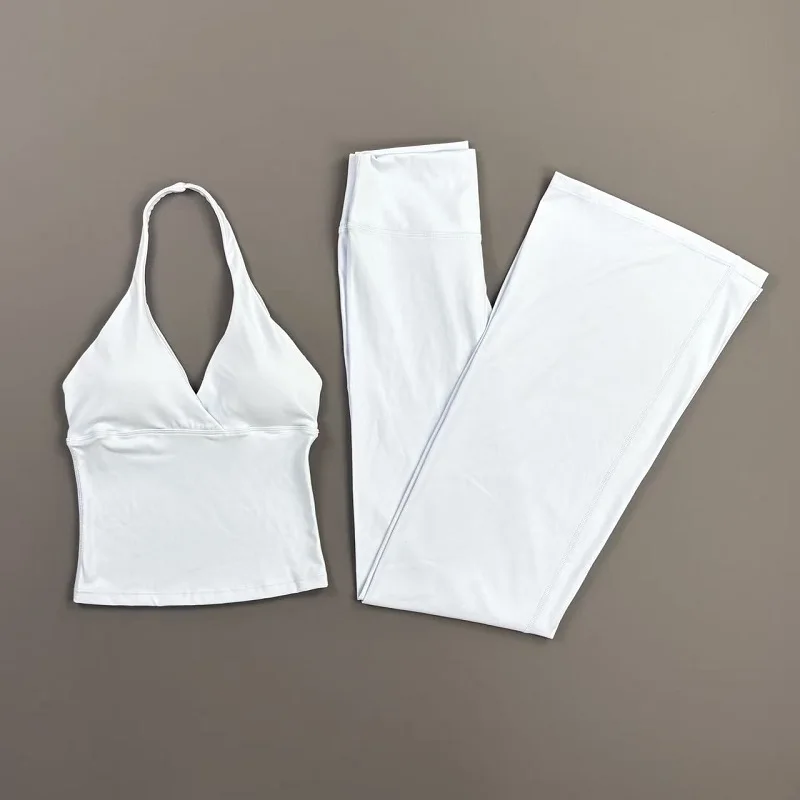 Damen 2-teiliges Gym-Set: Original Neckholder-Top, schmal geschnittene Yoga-Schlaghose, hochelastisch, weich, für Fitness, Workout, Pilates, Radfahren. – Detail 16