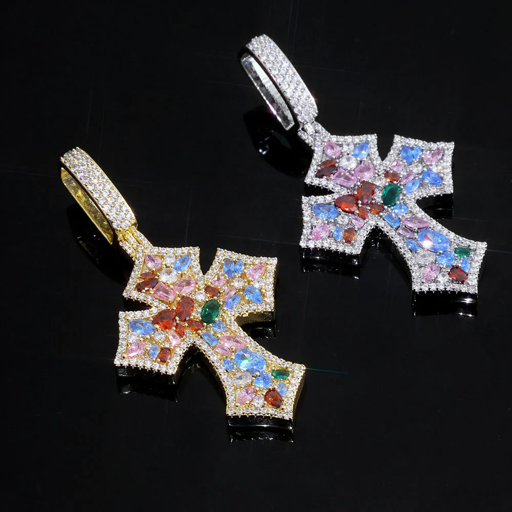 Hip hop Pop Pendant Necklace Colored Diamond Cross Cuban Rope Chain Solid Brass Gold Plated Silver Plated Jewelry