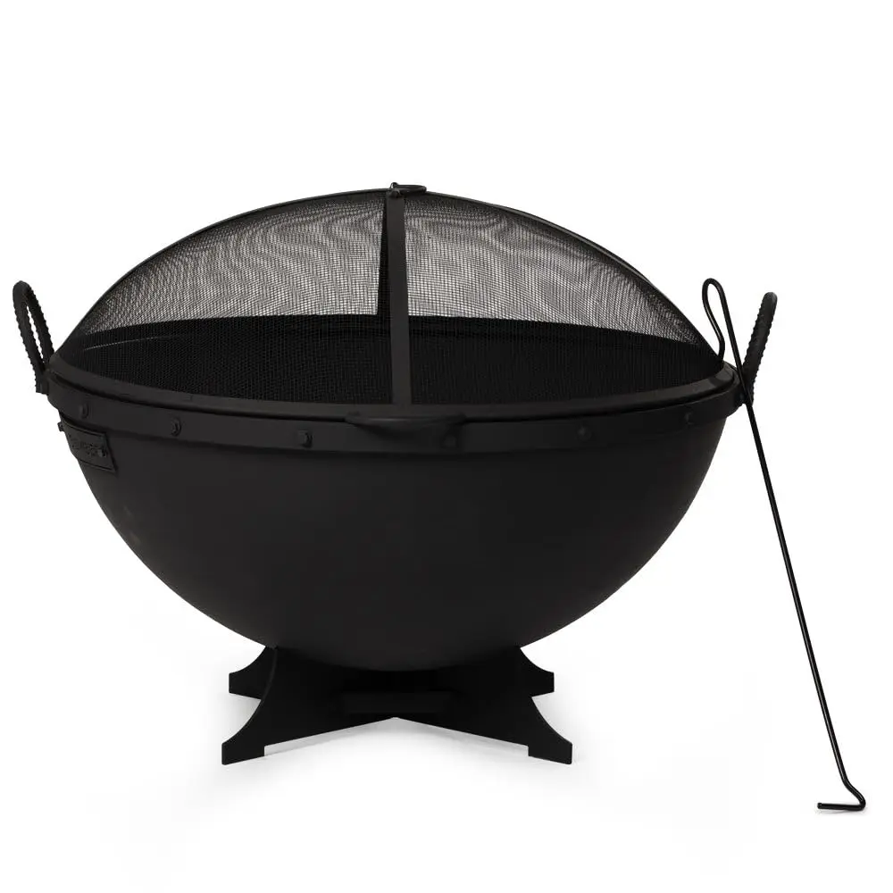 Ash & Ember 32in Hemisphere Fire Pit with Screen and Poker, Cast Iron High-Temperature Black Paint Fire Bowl, Wood, Customized