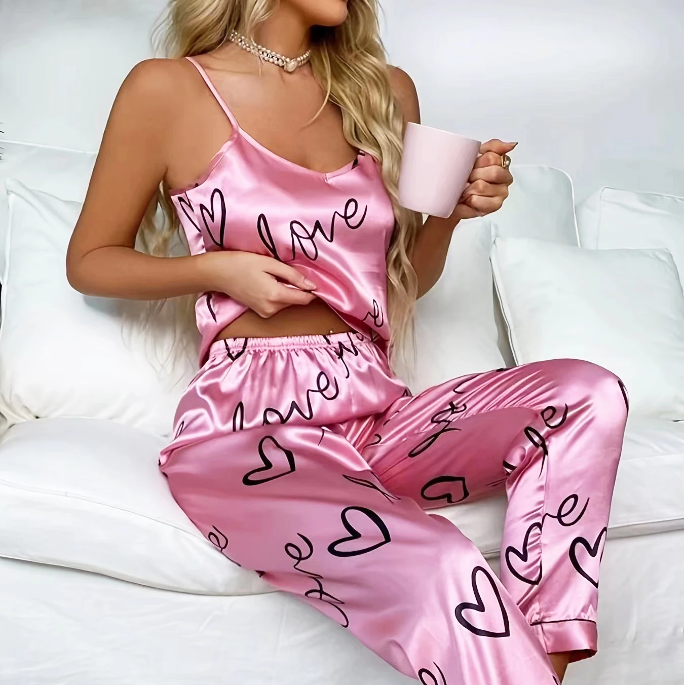 Ensemble pyjama sexy en satin pour femmes, lingerie, vêtements de nuit, pour la maison