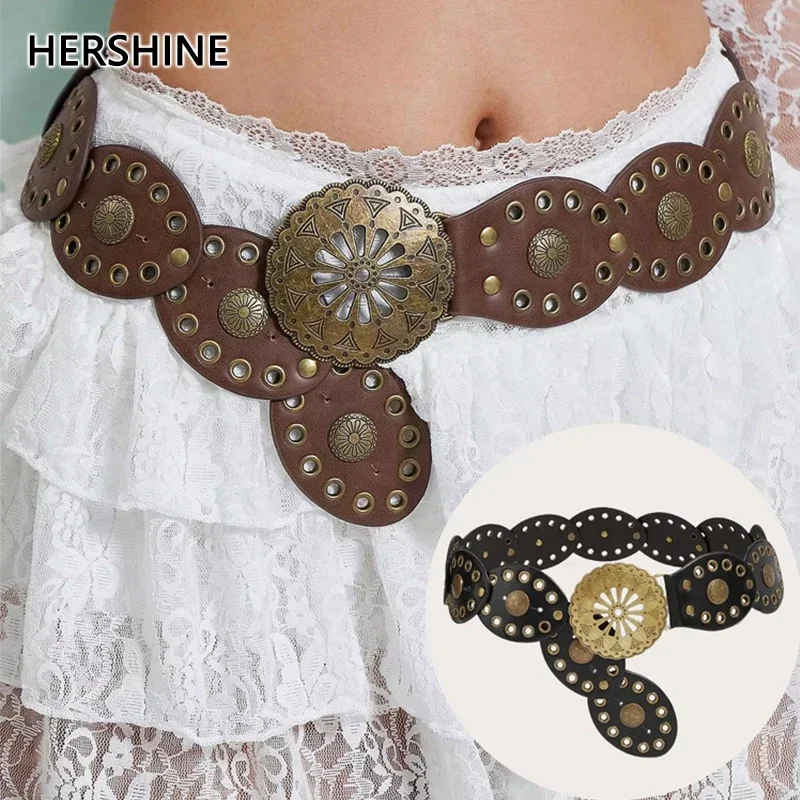Hershine 1-Piece Women's Vintage Patchwork Belt with Bronze Openwork Buckle, A Bohemian Style Fashion Accessory, Spring, Summer