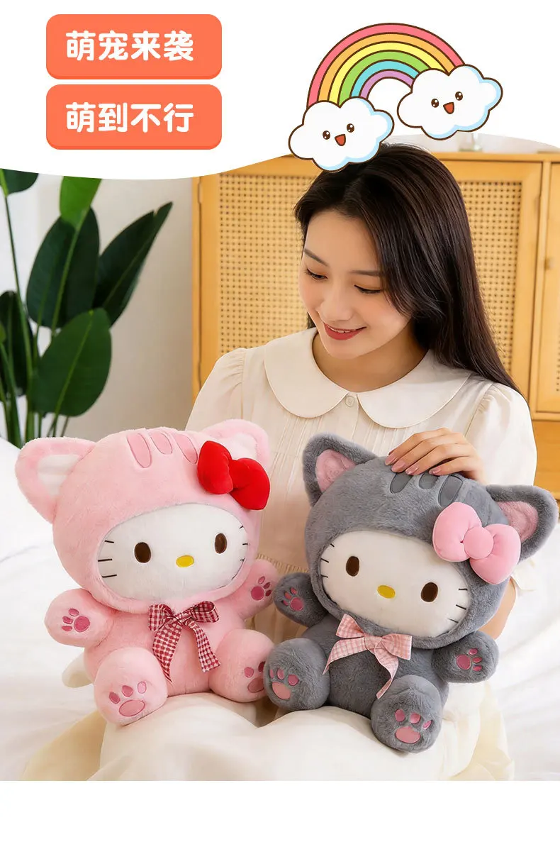 20/30/45/60CM Niedliche Graue Katze Hello Kitty Plüschpuppe mit Kariertem Schleifendesign KT Stofftier Weiches Kissen Heim- und Raumdekoration Geburtstagsgeschenk – Detail 3