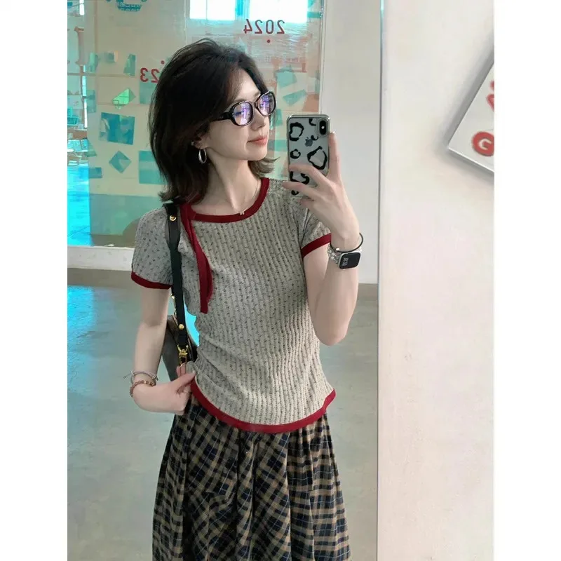Women's Contrast Color Patchwork Ribbed Knit Short Top Slim Fit Shoulder Strap Short Sleeve T-shirt Daily Casual