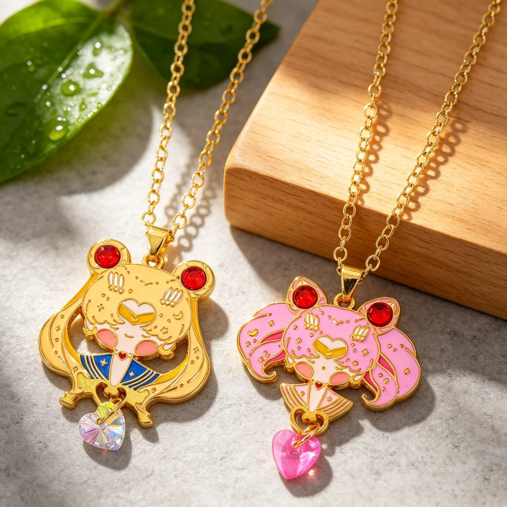 Cute Anime Girl Cartoon Enamel Pendant Necklace with Crystal Heart Charm Gold Chain Jewelry Fan Gifts Birthday Cosplay Accessory