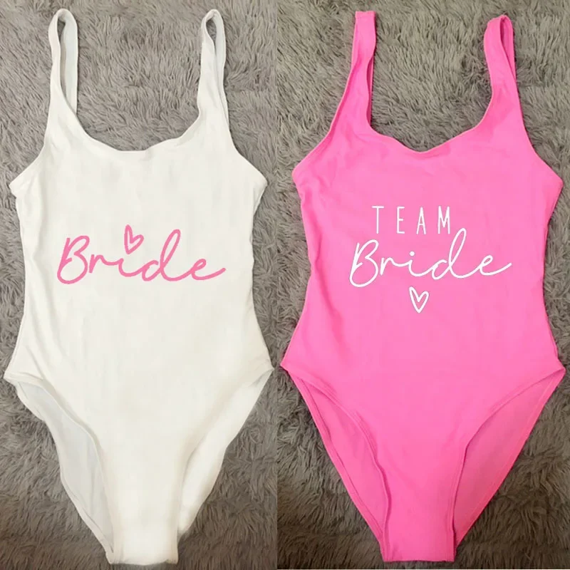 TEAM Bride Heart Print One Piece Swimsuit Women Swimwear High Cut Low Back Sexy Bodysuit Bachelor Party Bathing Suit Swimming