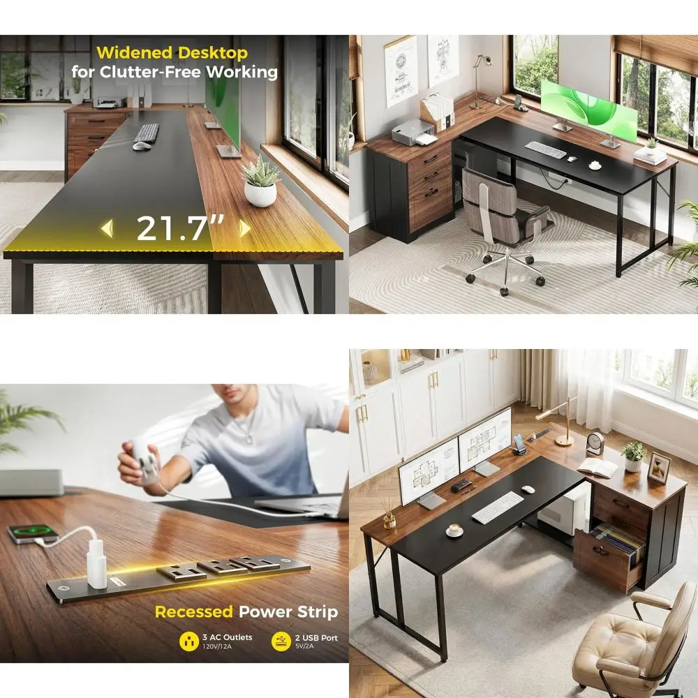 

61-дюймовый офисный стол L-образной формы с деревянными ящиками и запирающимся шкафом для документов, двусторонний стол 21.7 Dual Desk, цвет орех