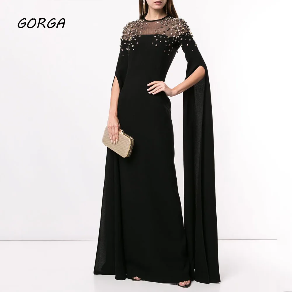 GORGA Black Beading O-Neck Mermaid 2024 Slim Backless Long Crepe Ocassion Gown Floor-Length Evening Dressفستان سهرة نسائي