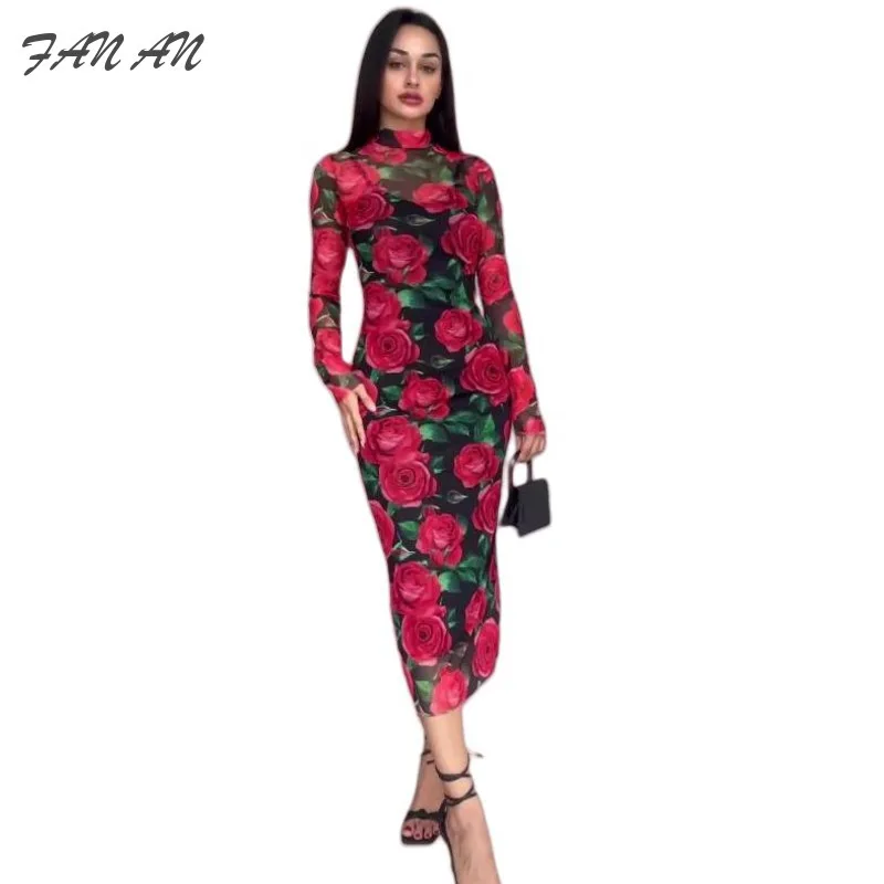 

Autumn New Fashion Trend Flower Print Medium Long Dress With Black Suspender And Printed Inside Two-piece Women's Dress Set