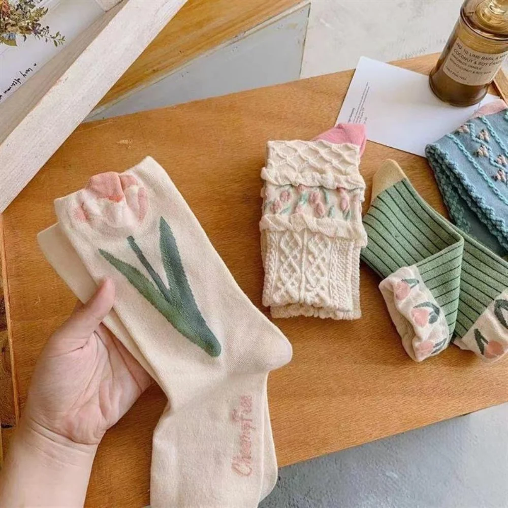 4Pairs Floral Socks Set, Women Cute Flower Geometric 3D Textured Ankle Cotton Blend Cottagecore Lucky Socks