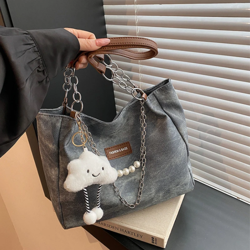 Women Tie Dye Denim Shoulder Bag with Cloud Pendant Pearl Chain Casual Daily School Handbag Shoulder Bags for Women's Totes Bags