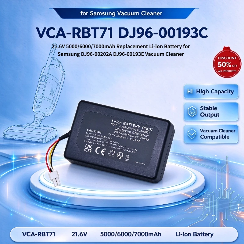 VCA-RBT71 DJ96-00193C 21.6V 5000/6000/7000mAh Replacement Li-ion Battery for Samsung DJ96-00202A DJ96-00193E Vacuum Cleaner