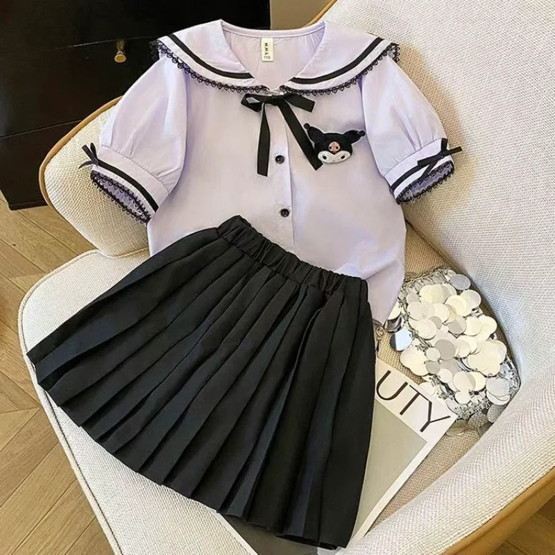 

Sanrio Kuromi Skirt Suit Summer Teen Girls Children Short-Sleeved Cartoon T-shirt Tops+Plaid Pleated Skirt 2Pcs Set Preppy Dress