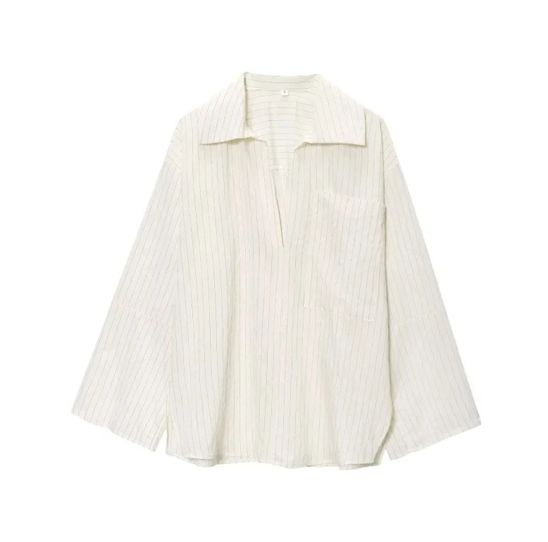 Spring Autumn Women Shirt Gentle Versatile Loose Fit Vertical Striped Split Lapel Long Sleeve Casual Blouse Top