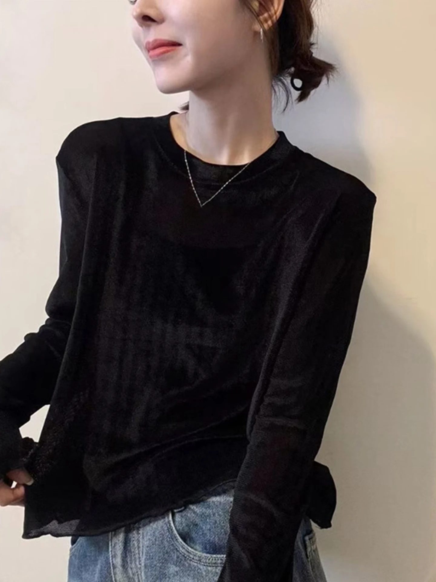 Ele Color Long Sve Round Ne Base Irt Frühherbst Top Einfaches koreanisches Sle Commute Wind Straight Tube T-Shirt