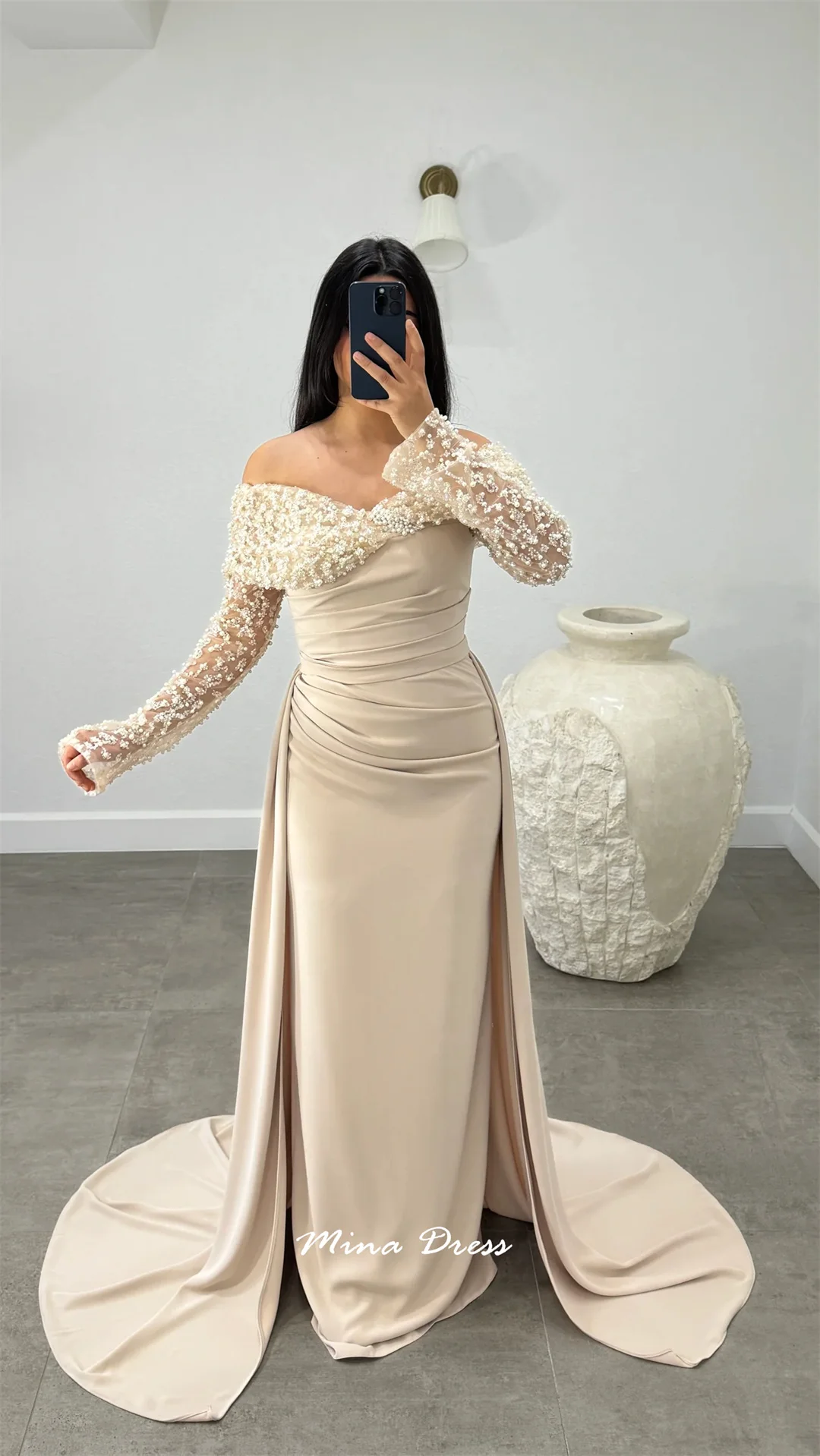 

Mina Customized White Evening Dress Luxury Elegant Womens Party Dresses for Special Occasions Folds Beads Long Sleeves Woman